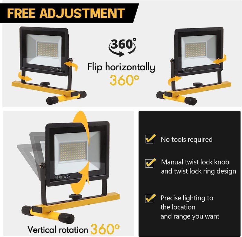 GUWELL 22000 Lumen Work Lights with Stand, 3 Head Portable LED Work Light, with Adjustable&Foldable Tripod Stand, IP66 Waterproof Lamp for Outdoor Indoor Job Site Workshop Garage Construction Site Lighting - Image 2